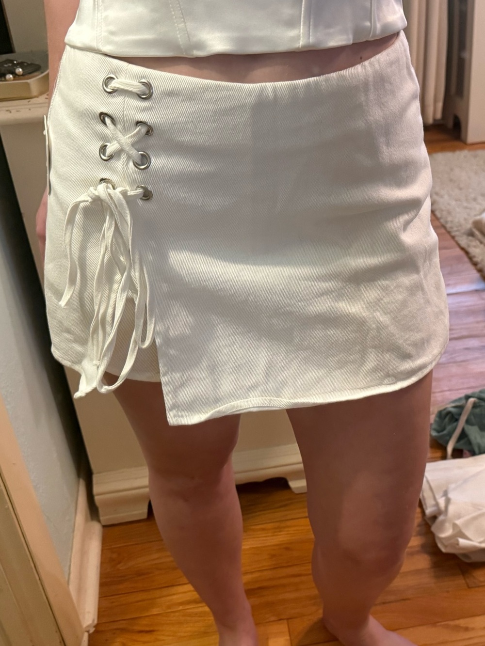 NWT Altar’d State Mid Rise White Lace-Up Mini Skort